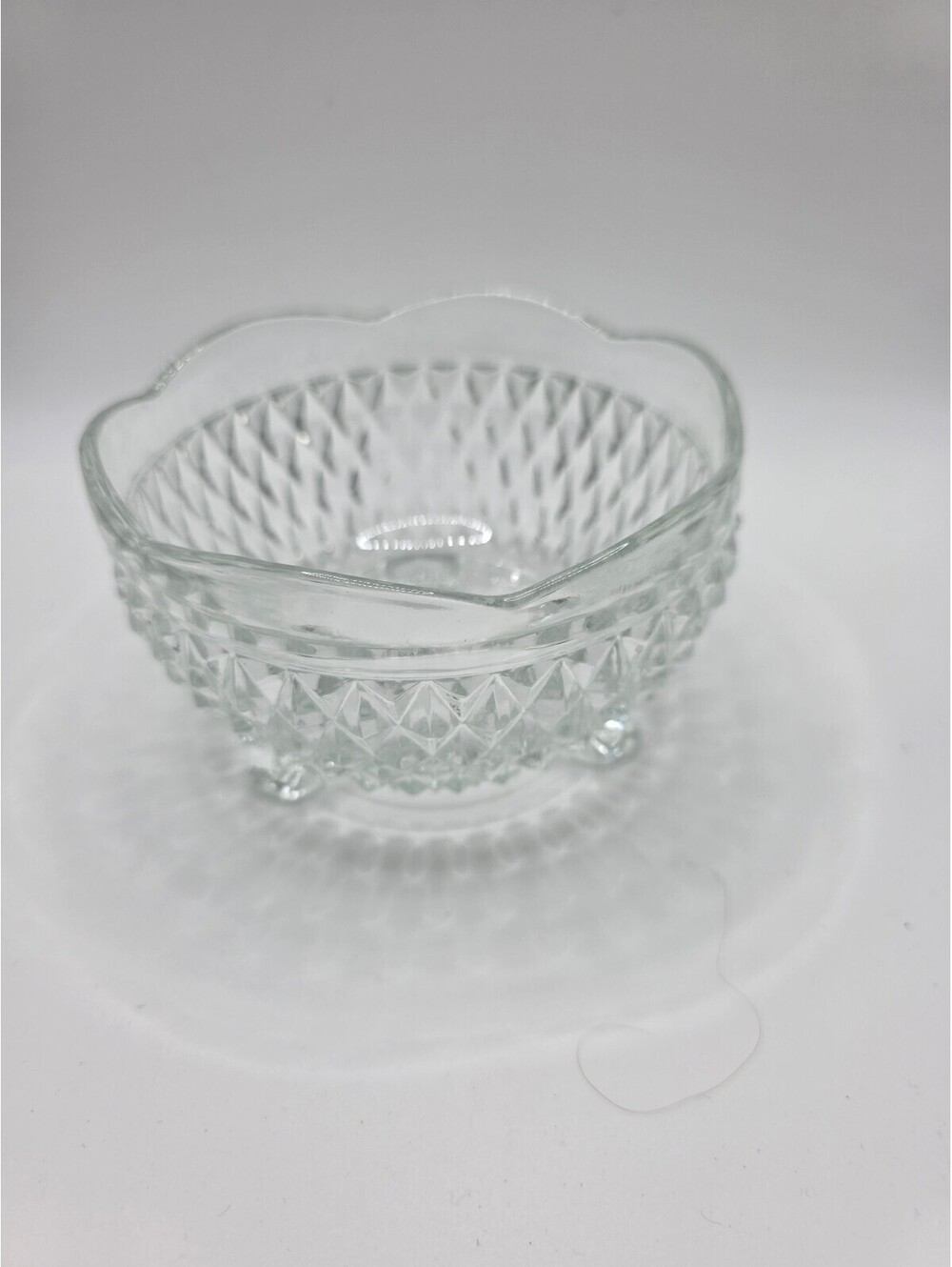 Vintage Indiana Glass Diamond Point Clear 3-Footed Candy Bowl Scalloped Rim 5"